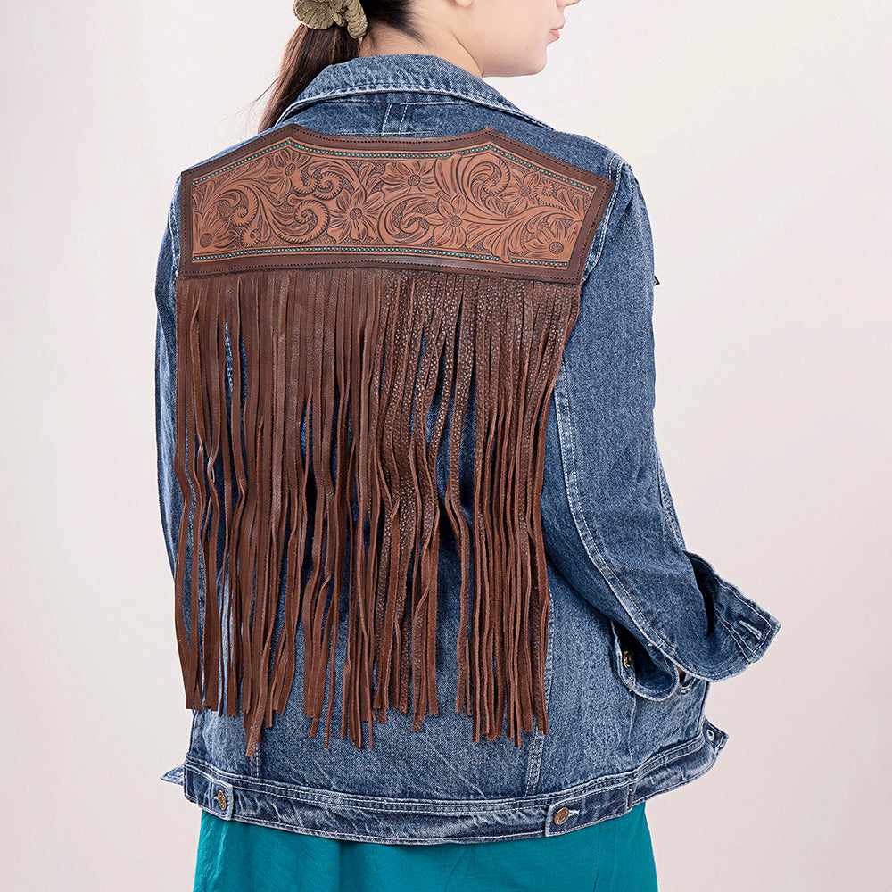 Genuine leather Hand tooled hand carved Women 100% cotton Denim jacket dress