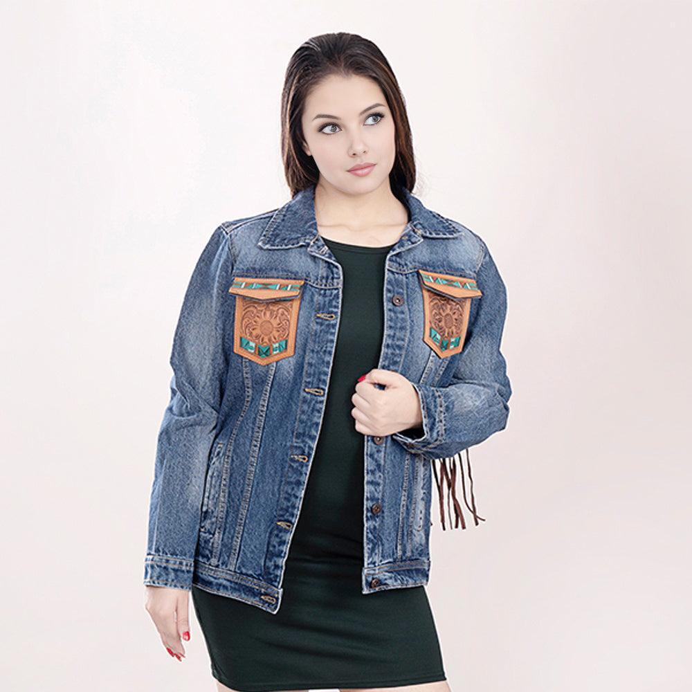 Genuine leather Hand tooled hand carved Women 100% cotton Denim jacket dress