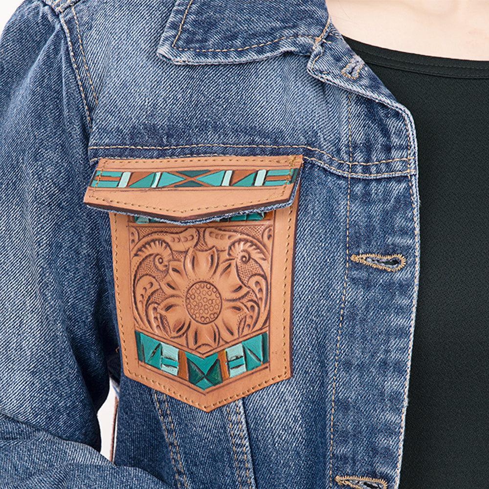 Genuine leather Hand tooled hand carved Women 100% cotton Denim jacket dress