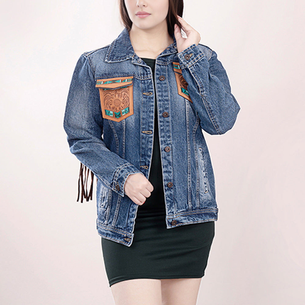 American Darling Genuine leather Hand tooled carved Women 100% cotton Denim jacket dress ladies girl | Shirt for