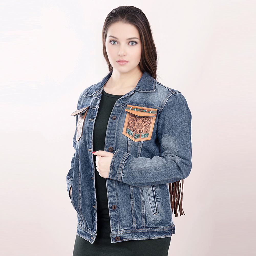 Genuine leather Hand tooled hand carved Women 100% cotton Denim jacket dress