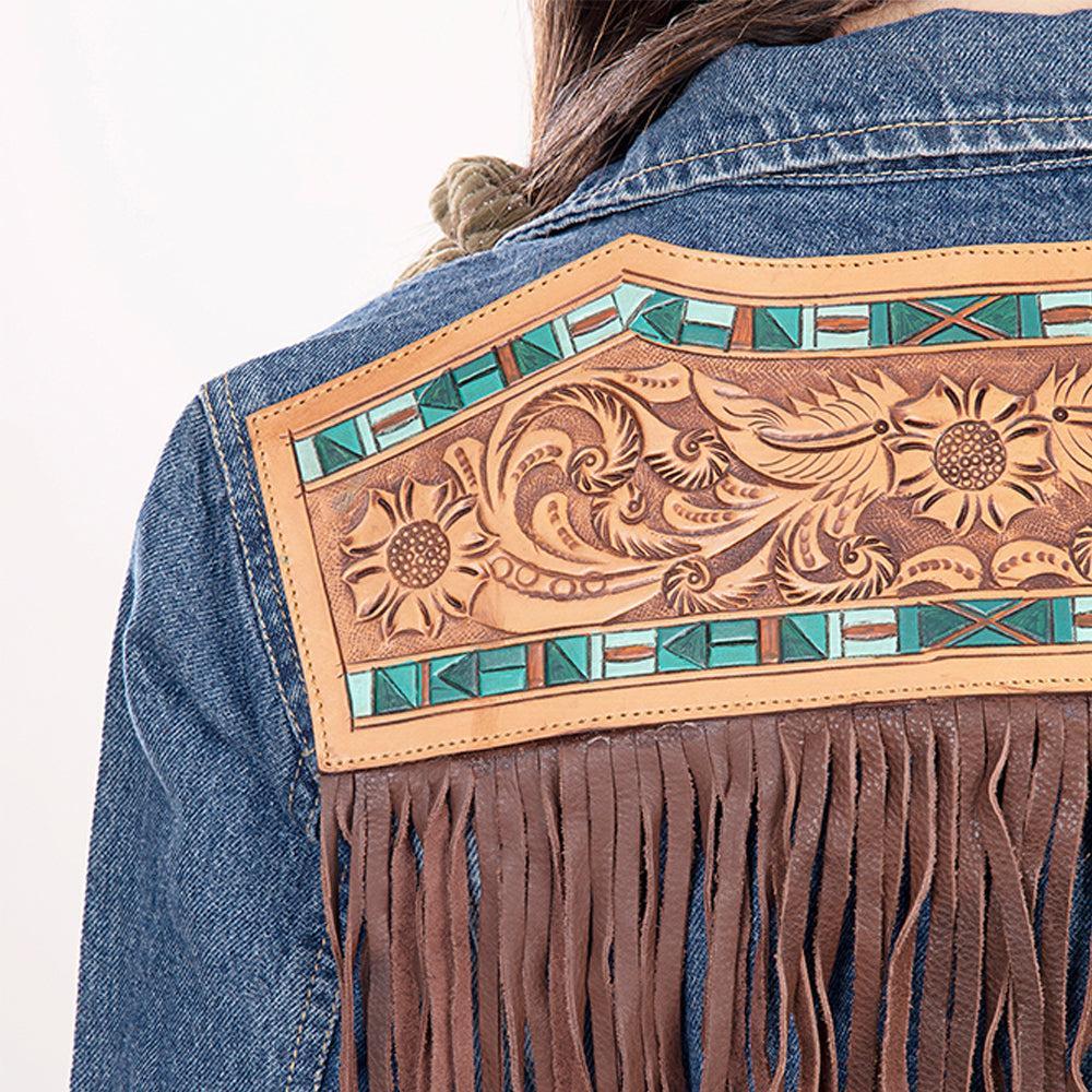 Genuine leather Hand tooled hand carved Women 100% cotton Denim jacket dress