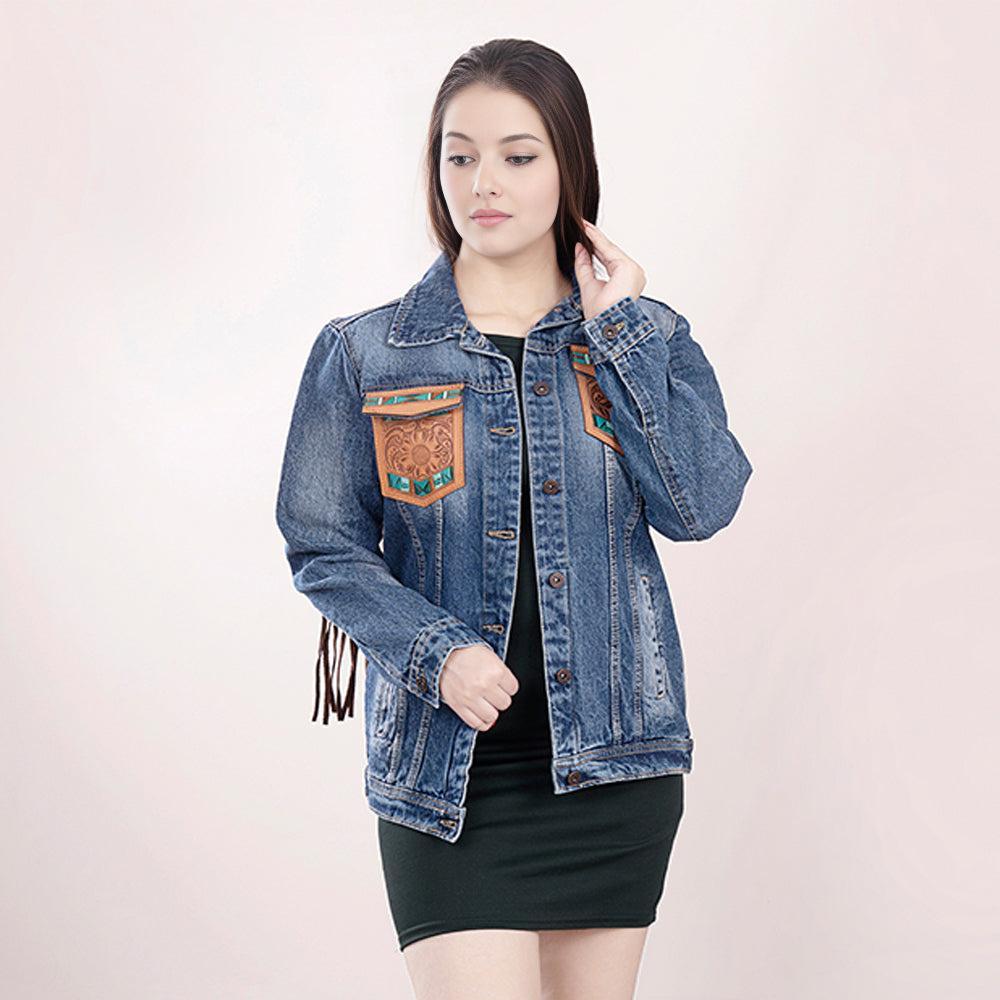 Genuine leather Hand tooled hand carved Women 100% cotton Denim jacket dress