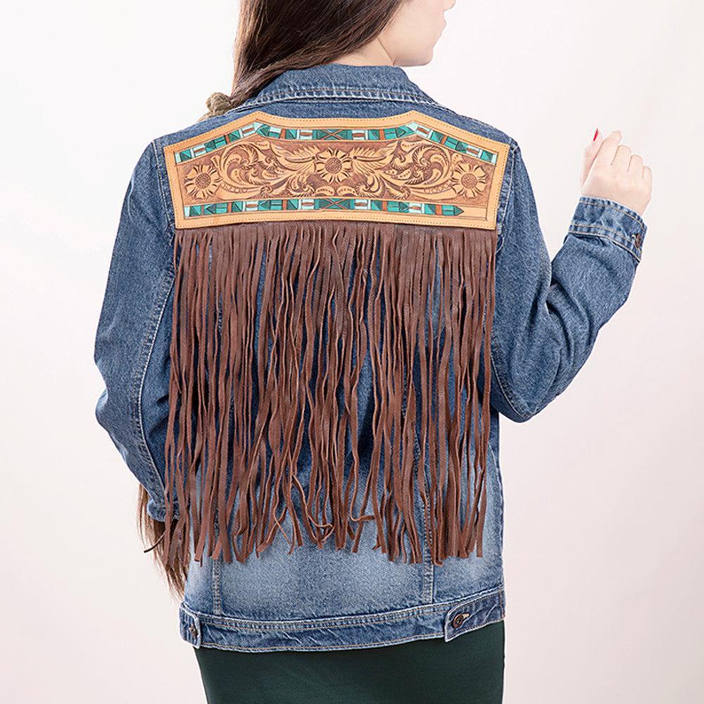 Genuine leather Hand tooled hand carved Women 100% cotton Denim jacket dress