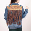 Genuine leather Hand tooled hand carved Women 100% cotton Denim jacket dress