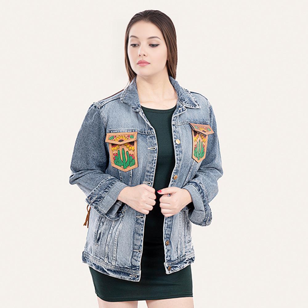 Genuine leather Hand tooled hand carved Women 100% cotton Denim jacket dress