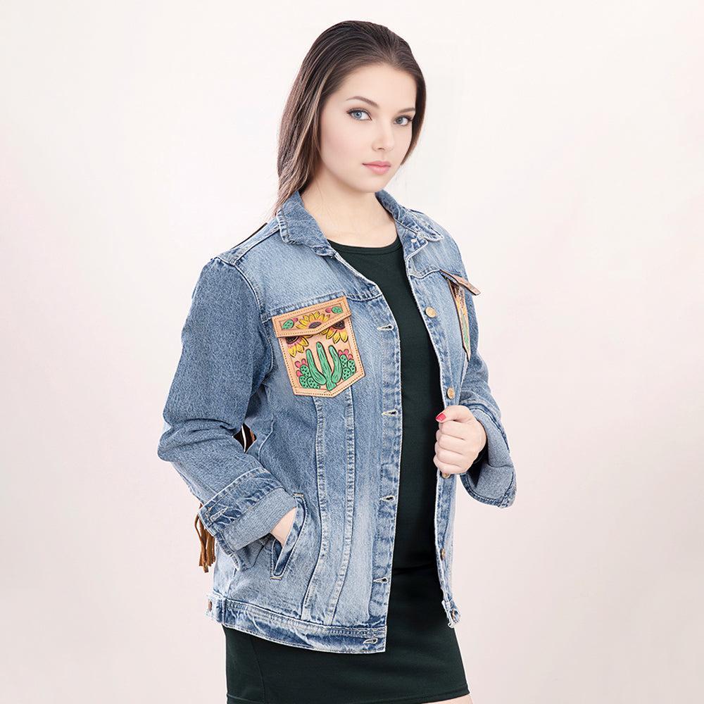 Genuine leather Hand tooled hand carved Women 100% cotton Denim jacket dress