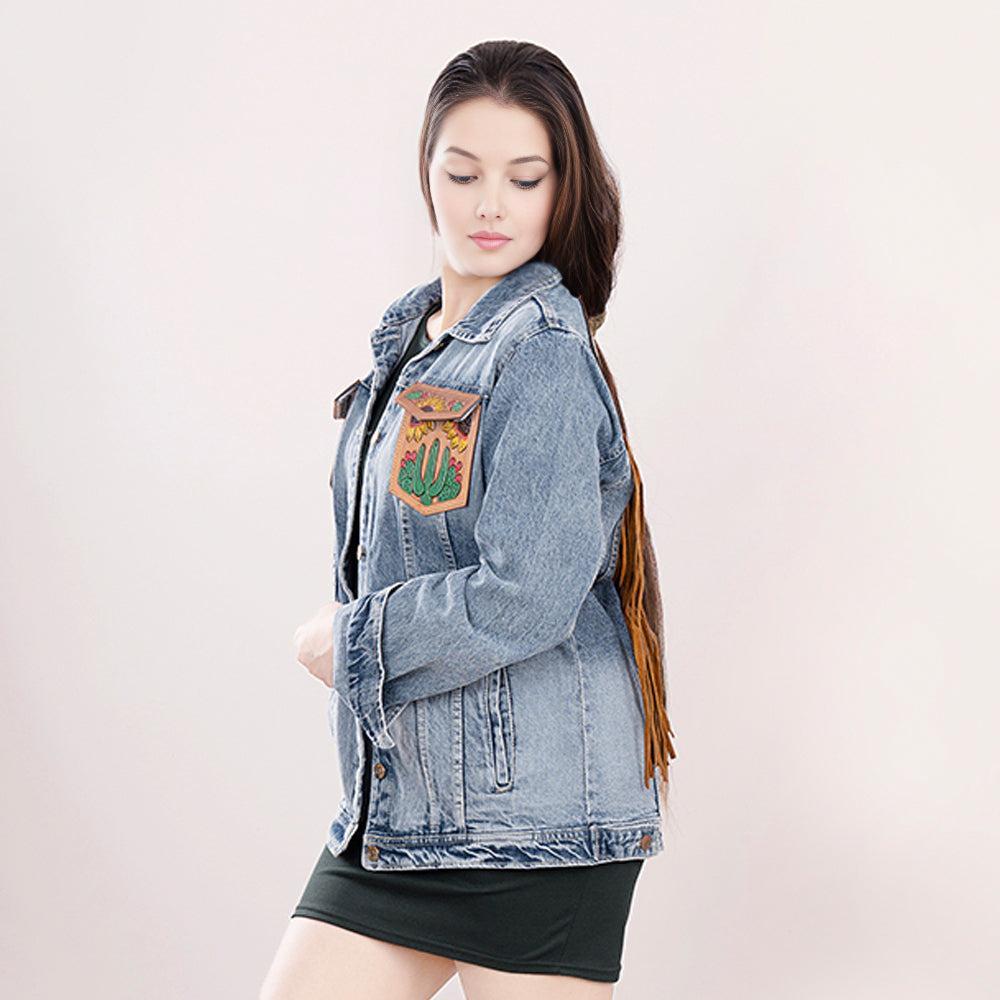 Genuine leather Hand tooled hand carved Women 100% cotton Denim jacket dress