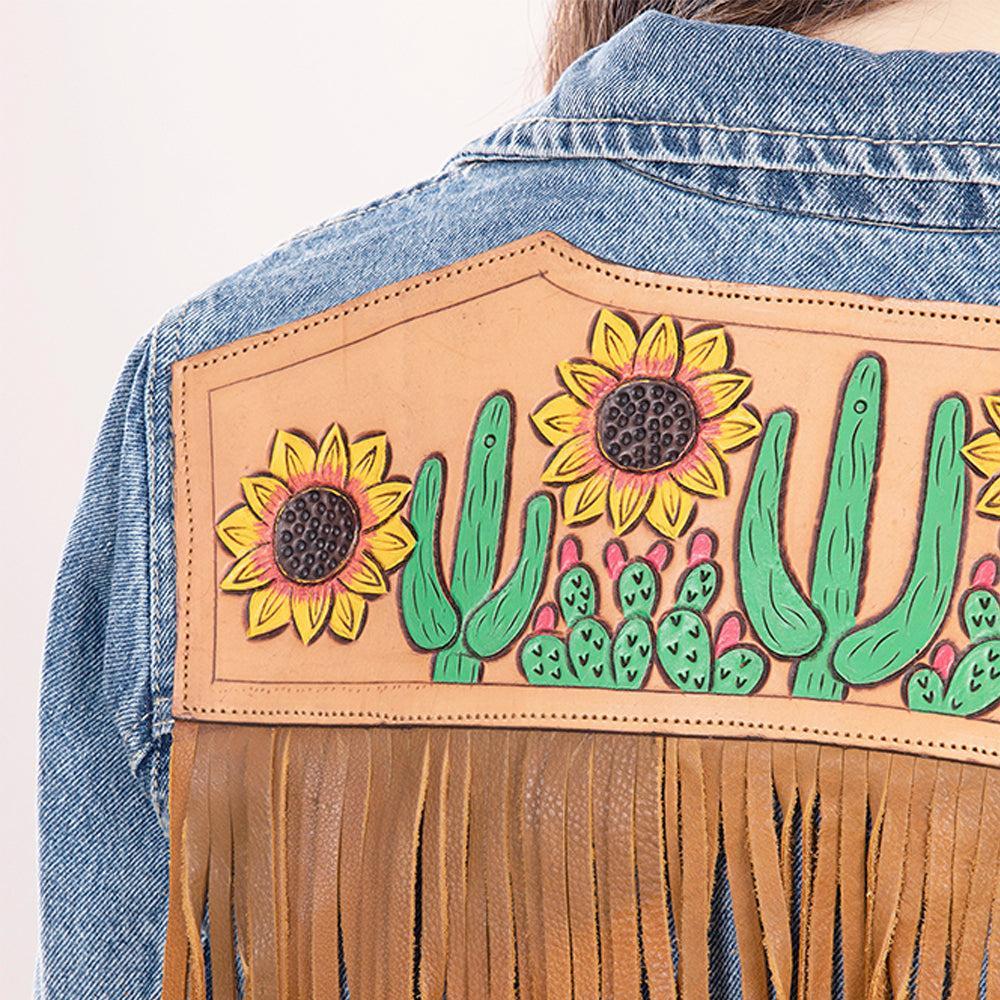 Genuine leather Hand tooled hand carved Women 100% cotton Denim jacket dress