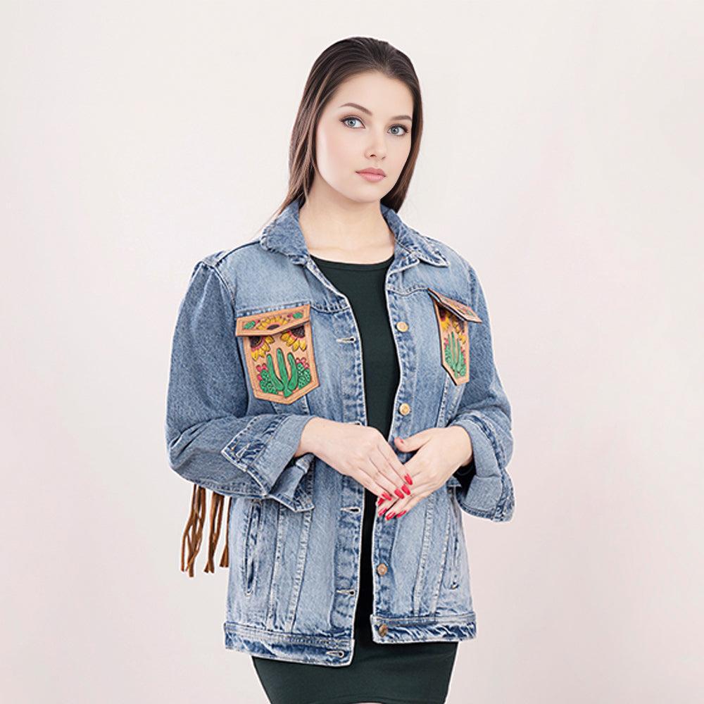 Genuine leather Hand tooled hand carved Women 100% cotton Denim jacket dress