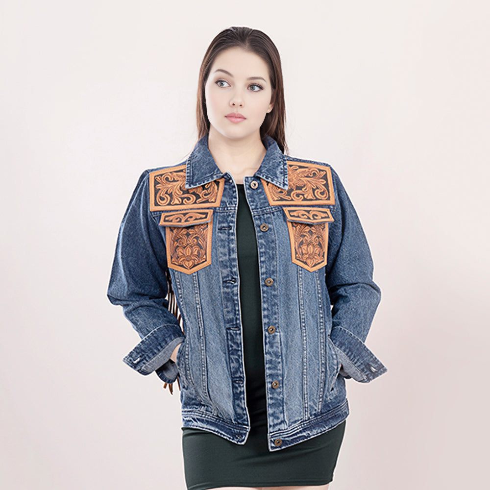 Genuine leather Hand tooled hand carved Women 100% cotton Denim jacket dress