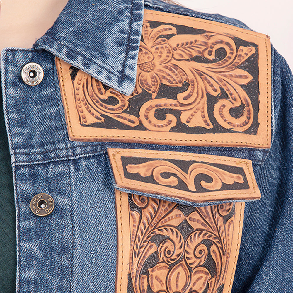 Genuine leather Hand tooled hand carved Women 100% cotton Denim jacket dress