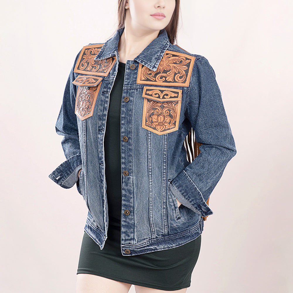 American Darling Genuine leather Hand tooled carved Women 100% cotton Denim jacket dress ladies girl | Shirt for