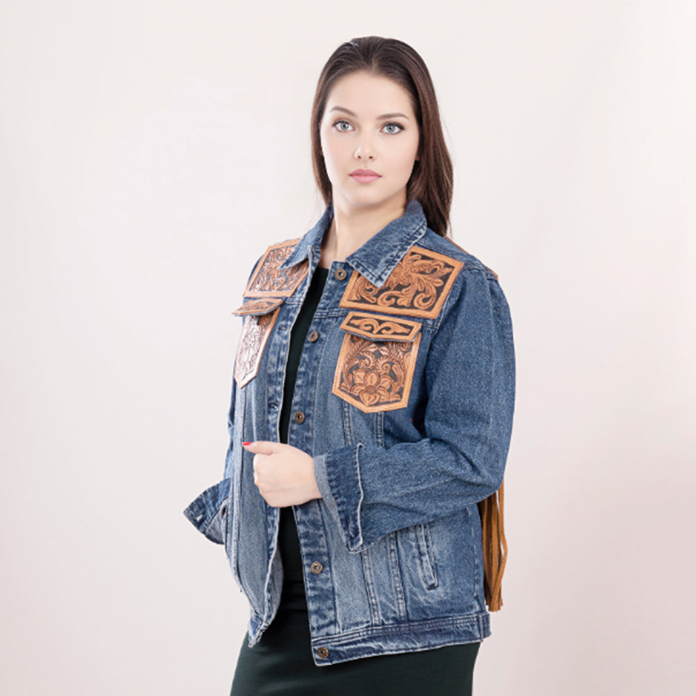 Genuine leather Hand tooled hand carved Women 100% cotton Denim jacket dress