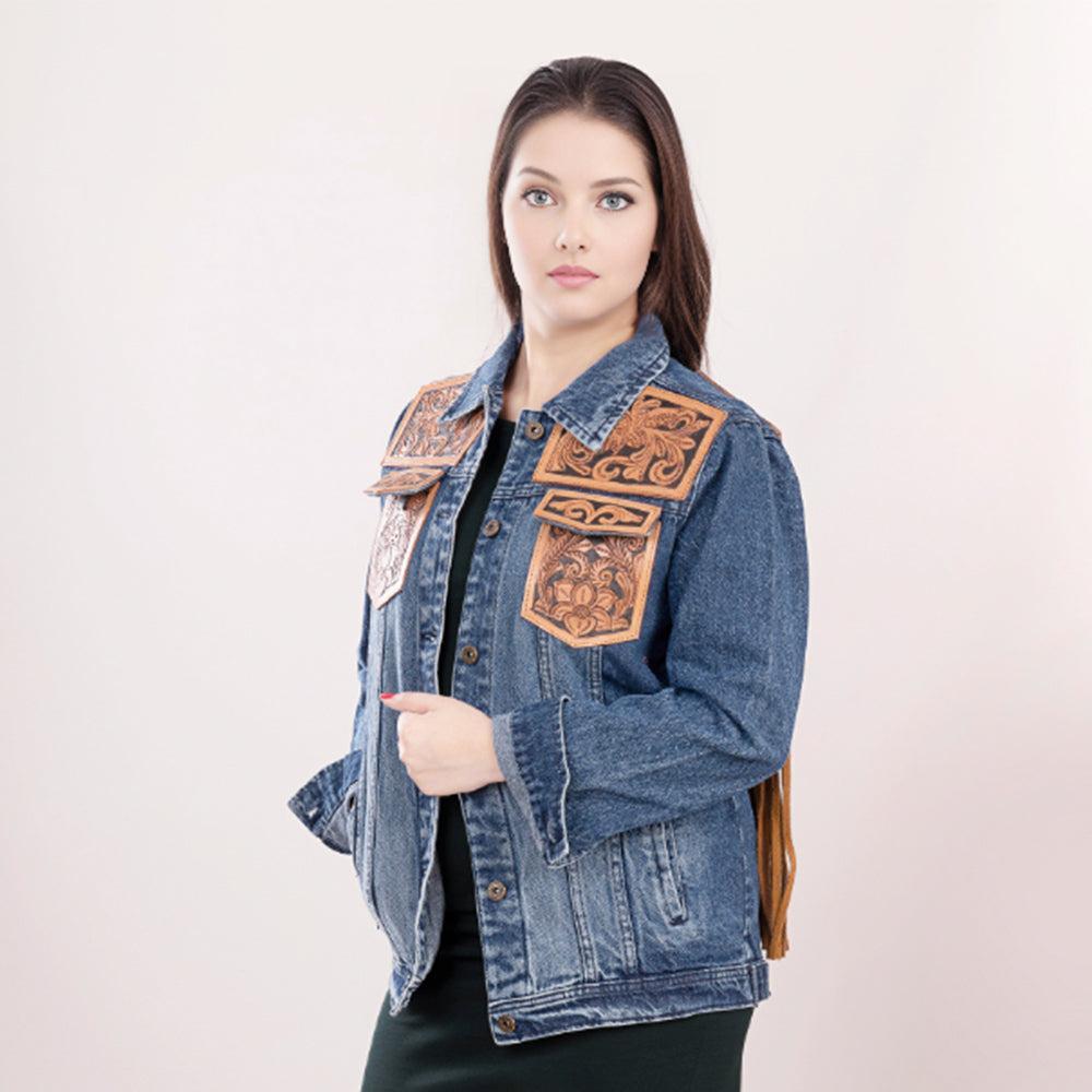 Genuine leather Hand tooled hand carved Women 100% cotton Denim jacket dress