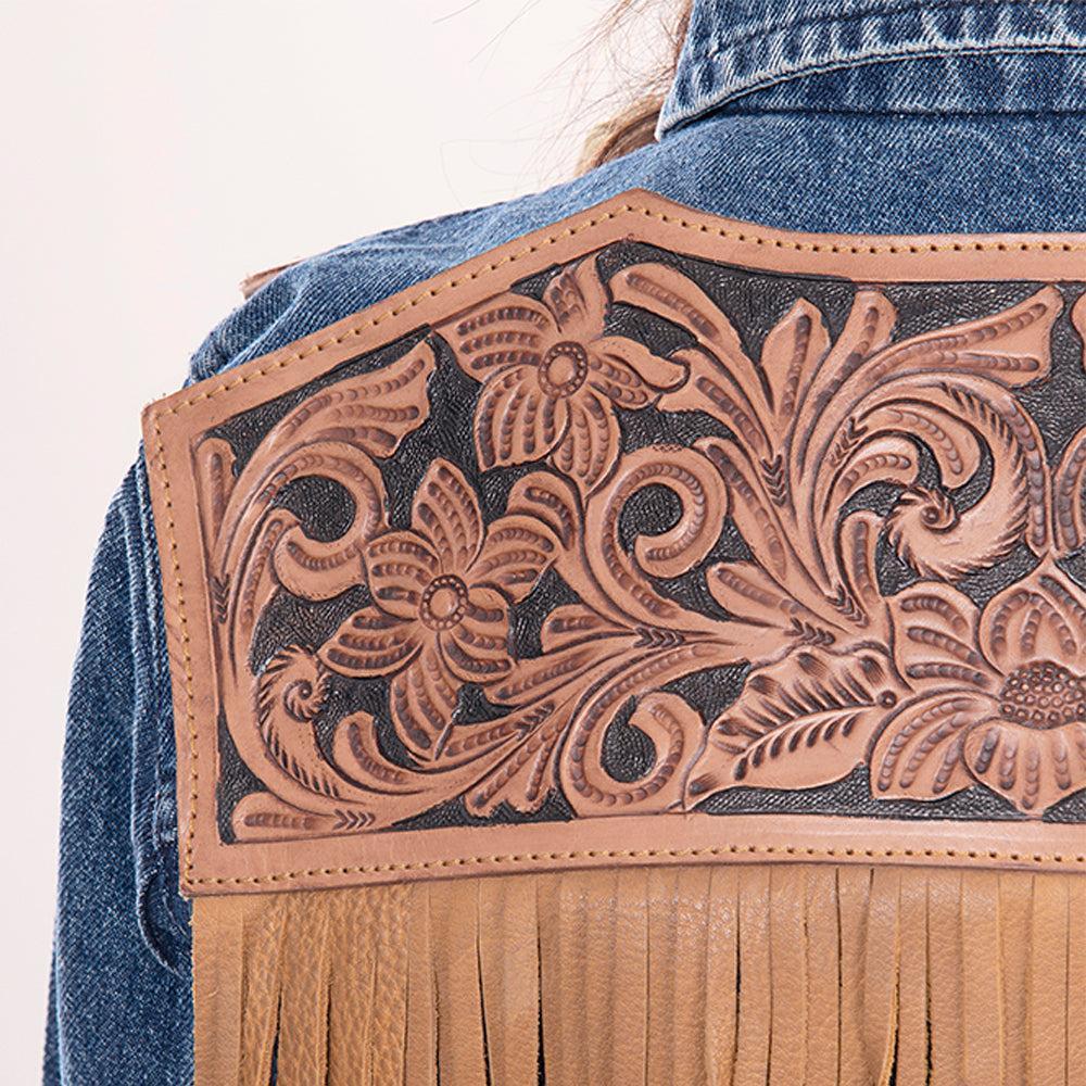 Genuine leather Hand tooled hand carved Women 100% cotton Denim jacket dress