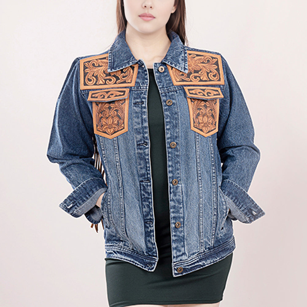 American Darling Genuine leather Hand tooled carved Women 100% cotton Denim jacket dress ladies girl | Shirt for