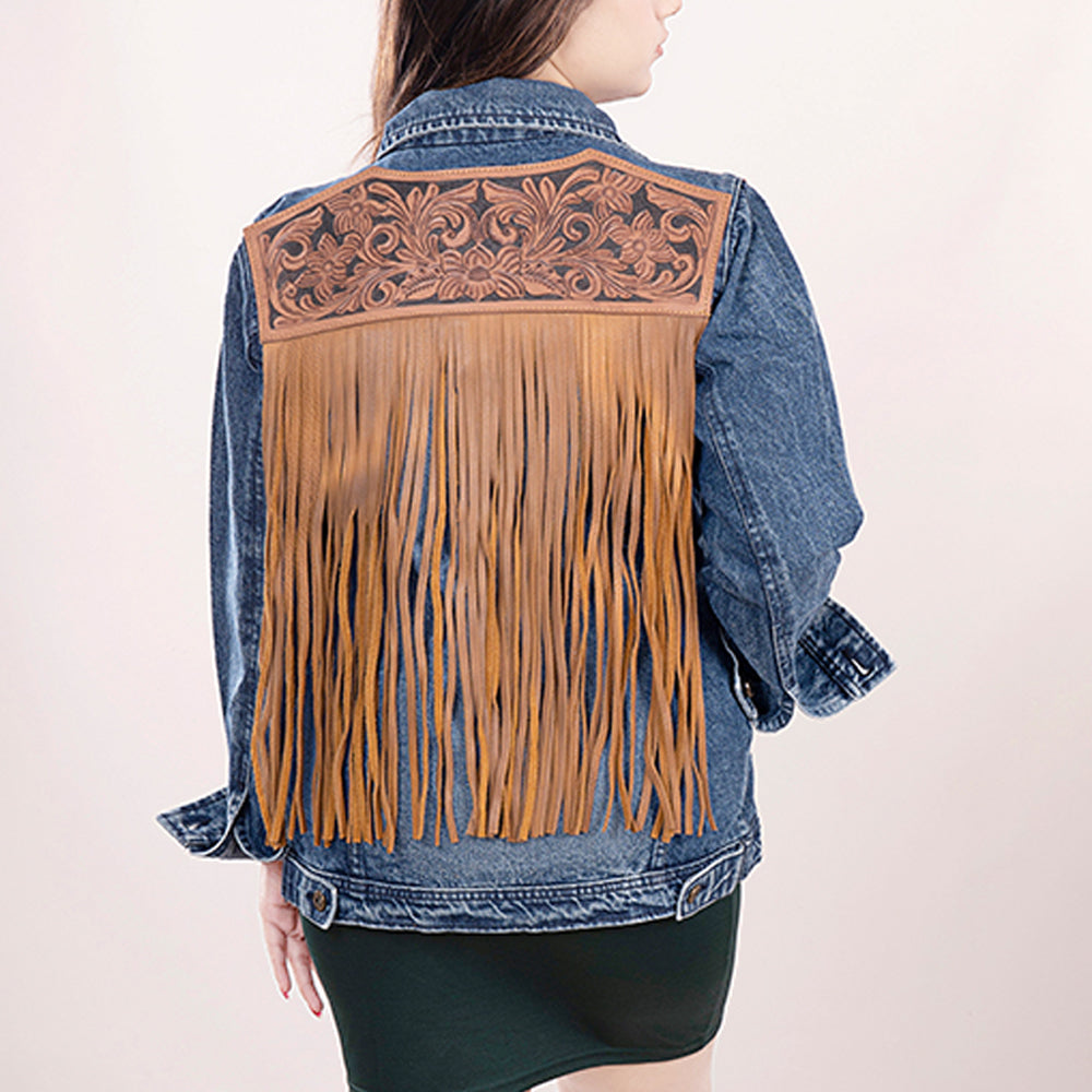 Genuine leather Hand tooled hand carved Women 100% cotton Denim jacket dress
