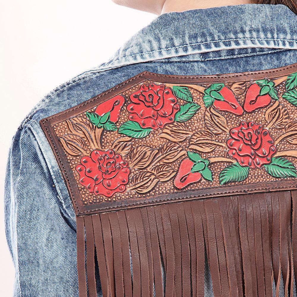 Genuine leather Hand tooled hand carved Women 100% cotton Denim jacket dress