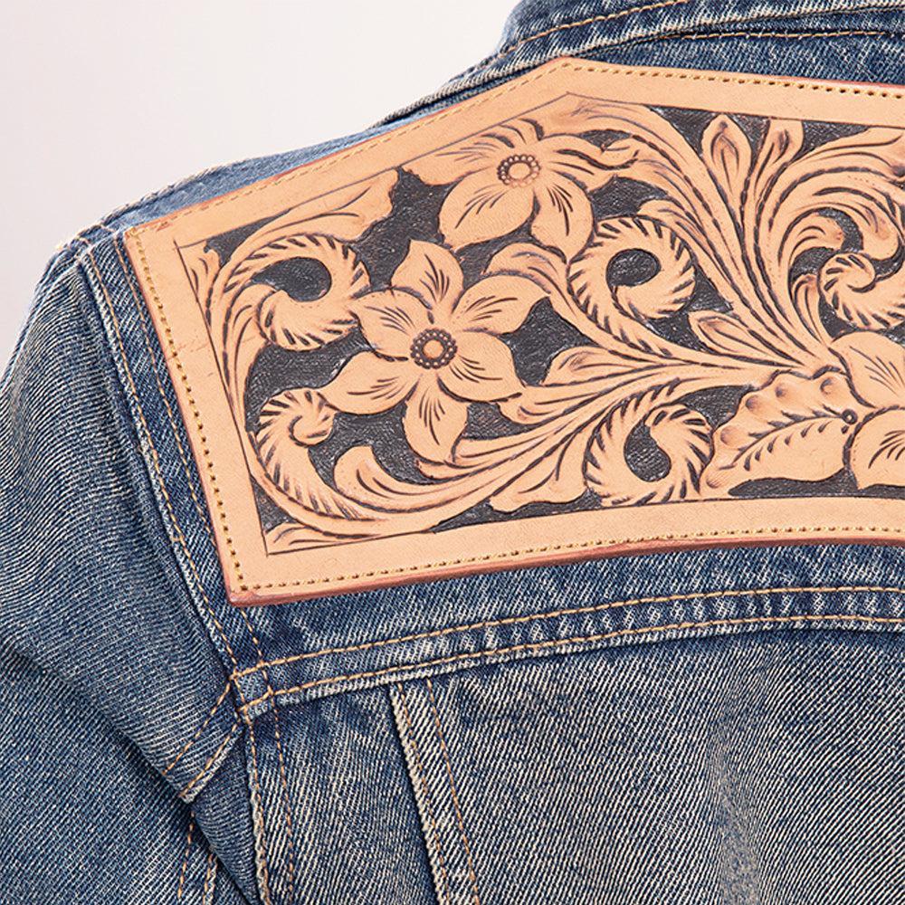 Genuine leather Hand tooled hand carved Women 100% cotton Denim jacket dress