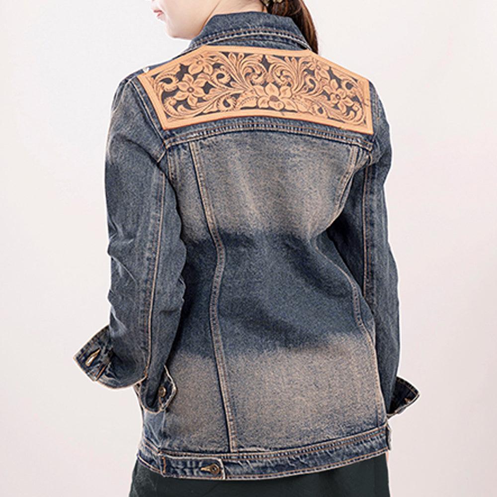 Genuine leather Hand tooled hand carved Women 100% cotton Denim jacket dress