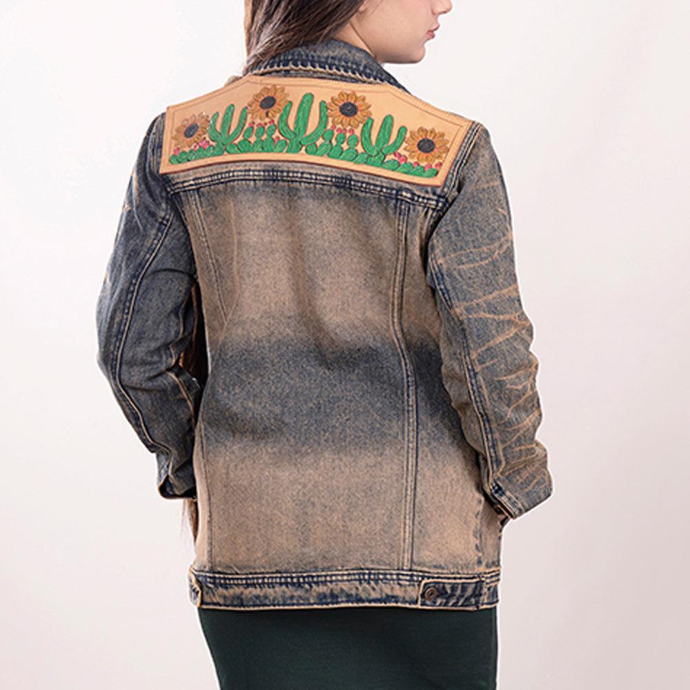 Genuine leather Hand tooled hand carved Women 100% cotton Denim jacket dress