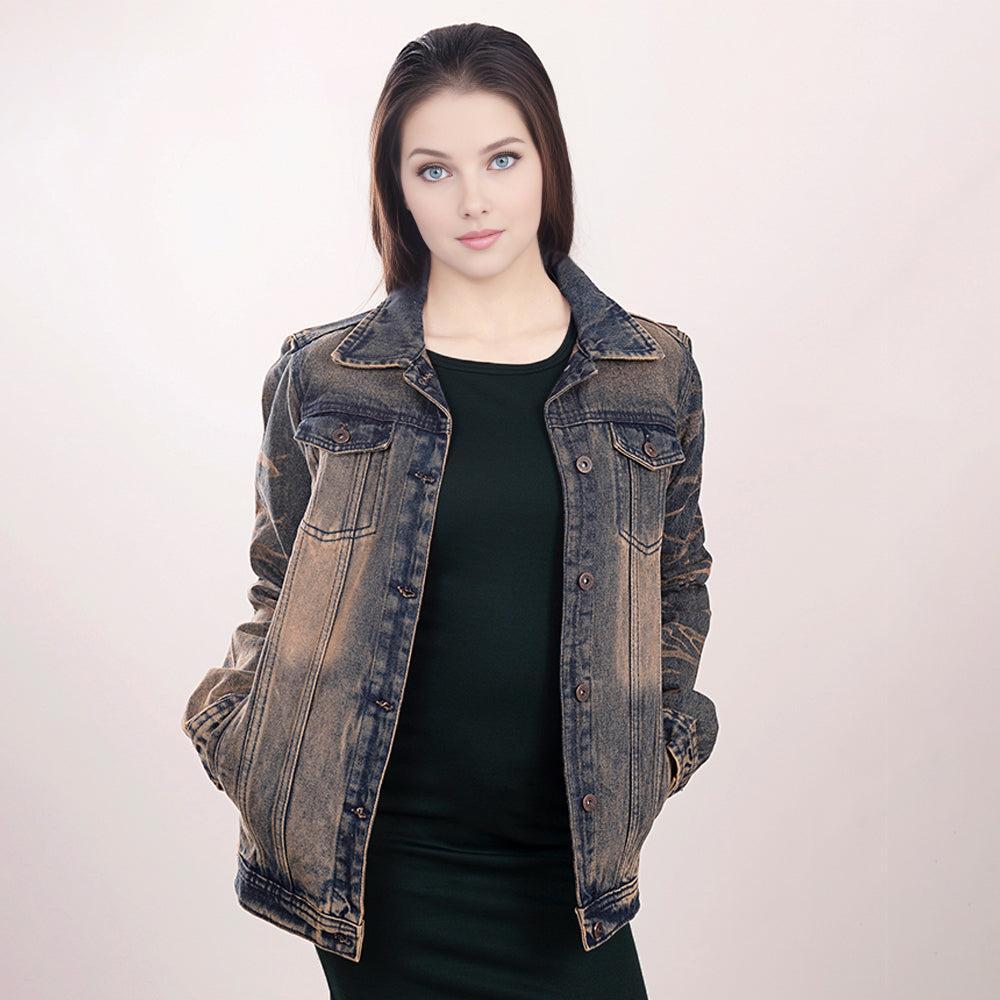 Genuine leather Hand tooled hand carved Women 100% cotton Denim jacket dress