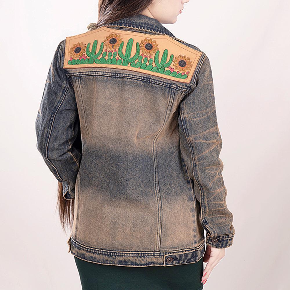 Genuine leather Hand tooled hand carved Women 100% cotton Denim jacket dress