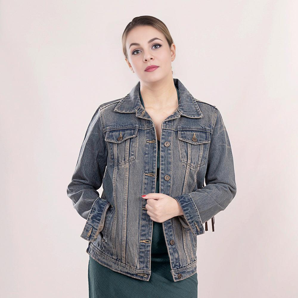 Genuine leather Hand tooled hand carved Women 100% cotton Denim jacket dress