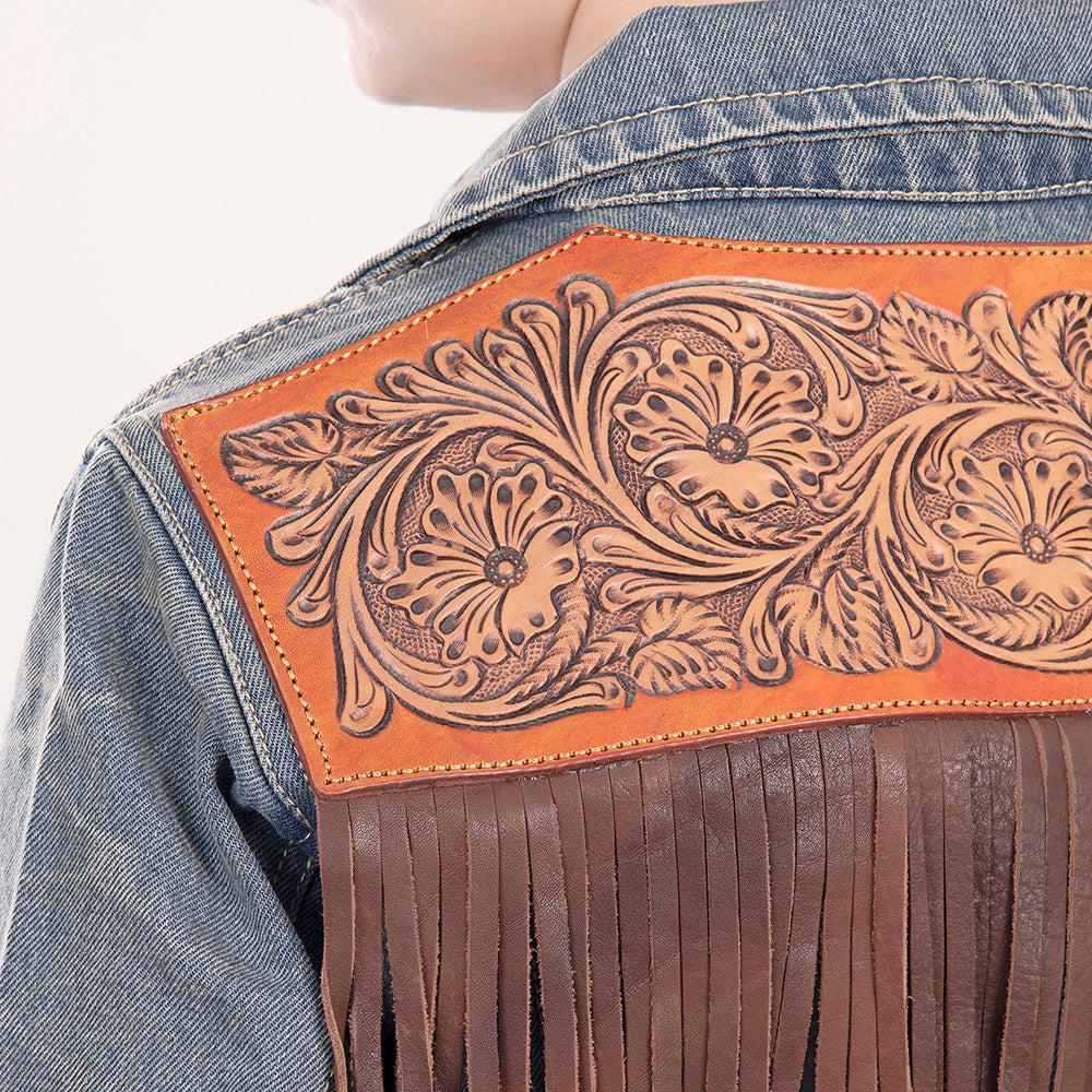 Genuine leather Hand tooled hand carved Women 100% cotton Denim jacket dress