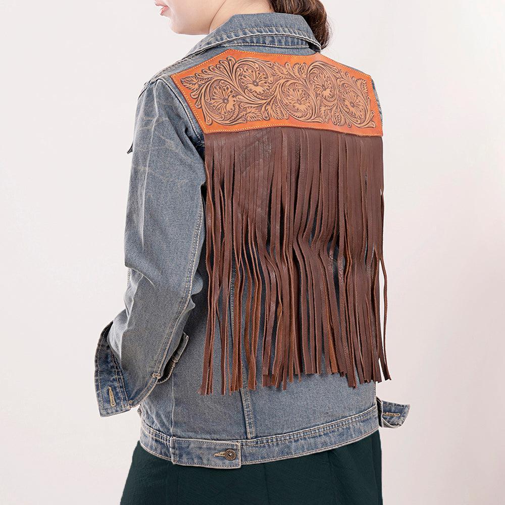 Genuine leather Hand tooled hand carved Women 100% cotton Denim jacket dress