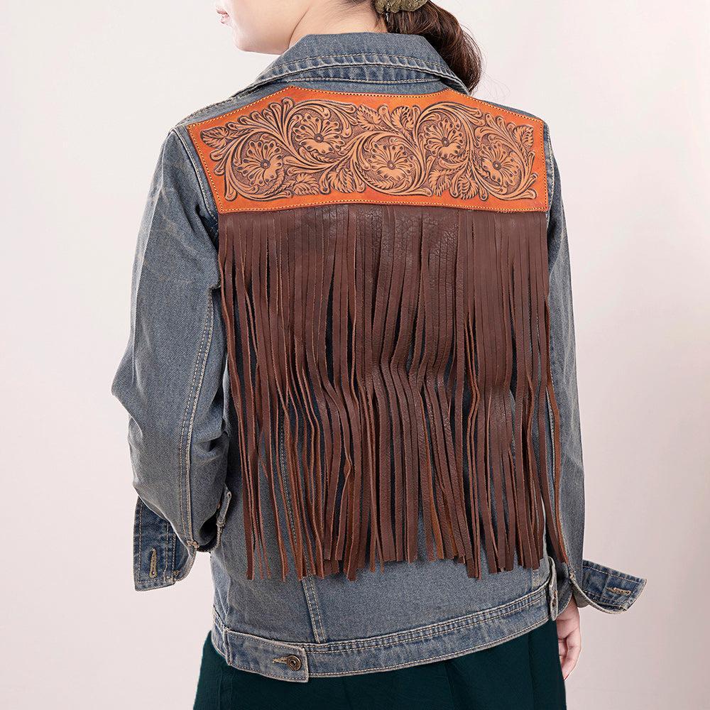 Genuine leather Hand tooled hand carved Women 100% cotton Denim jacket dress