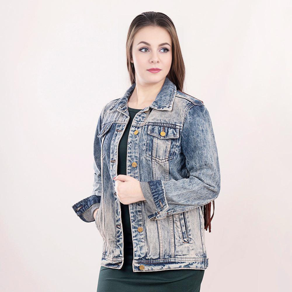 Genuine leather Hand tooled hand carved Women 100% cotton Denim jacket dress