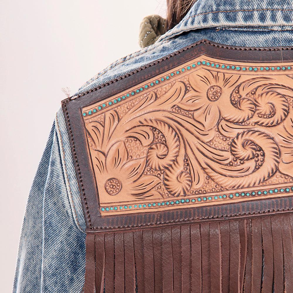 Genuine leather Hand tooled hand carved Women 100% cotton Denim jacket dress