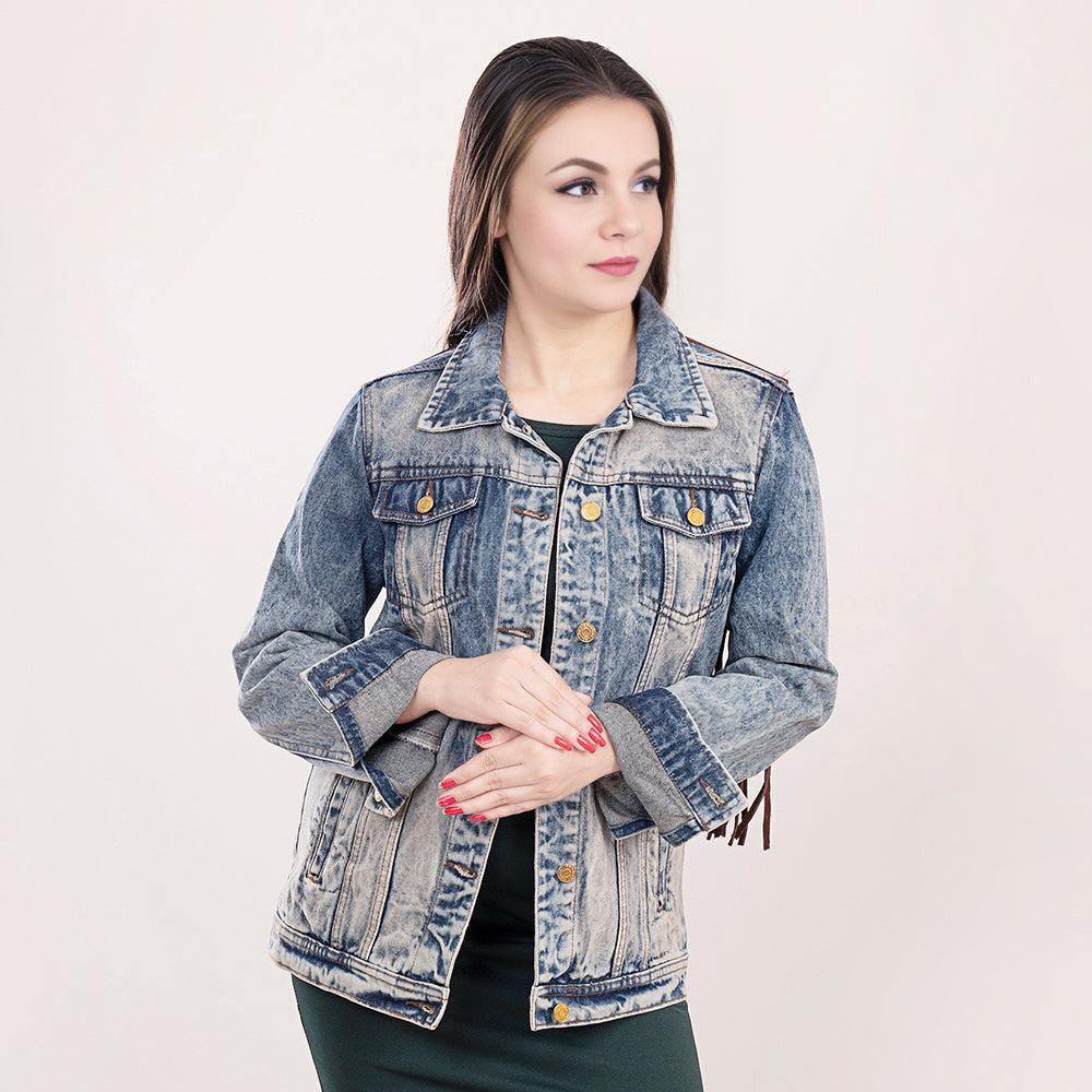 Genuine leather Hand tooled hand carved Women 100% cotton Denim jacket dress