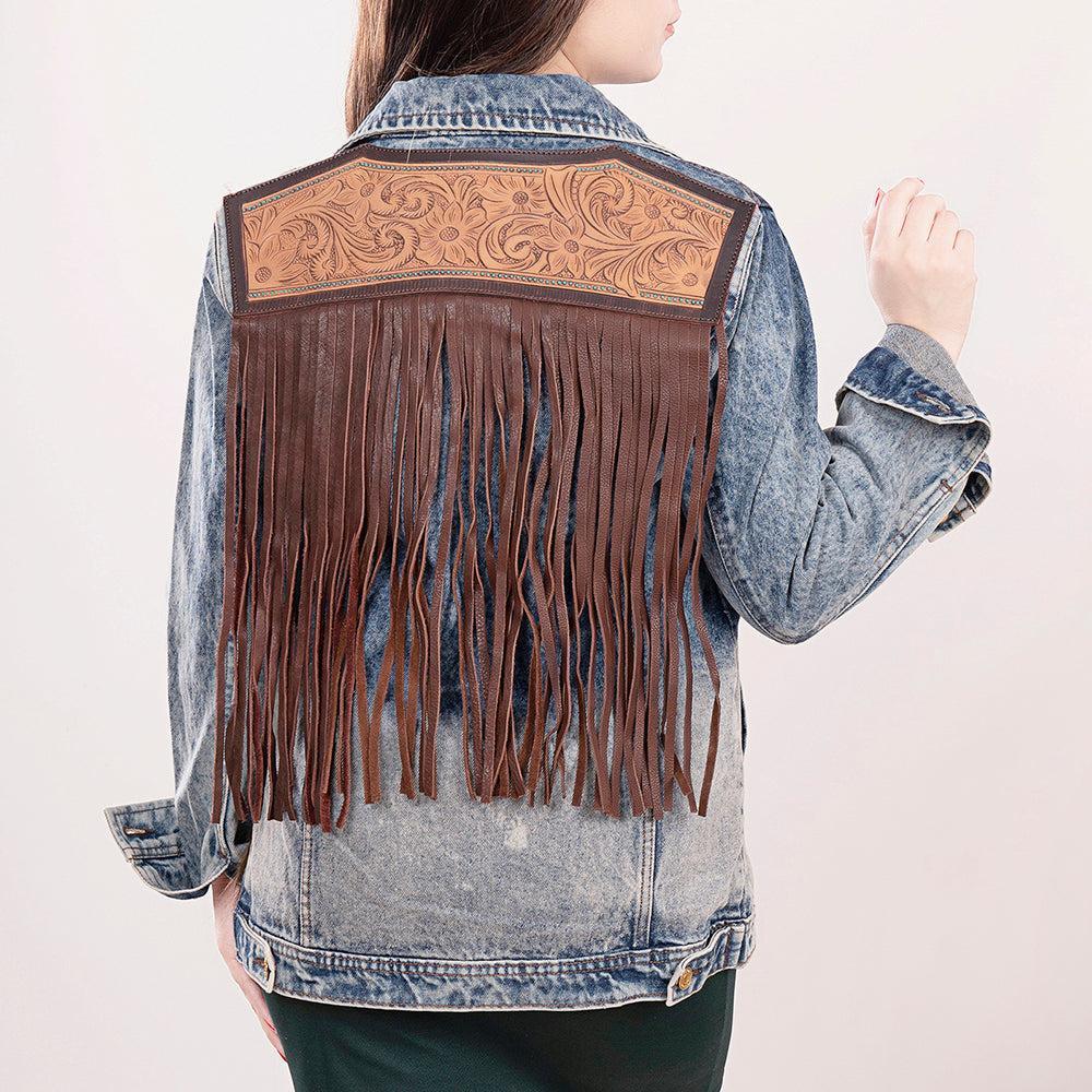 Genuine leather Hand tooled hand carved Women 100% cotton Denim jacket dress