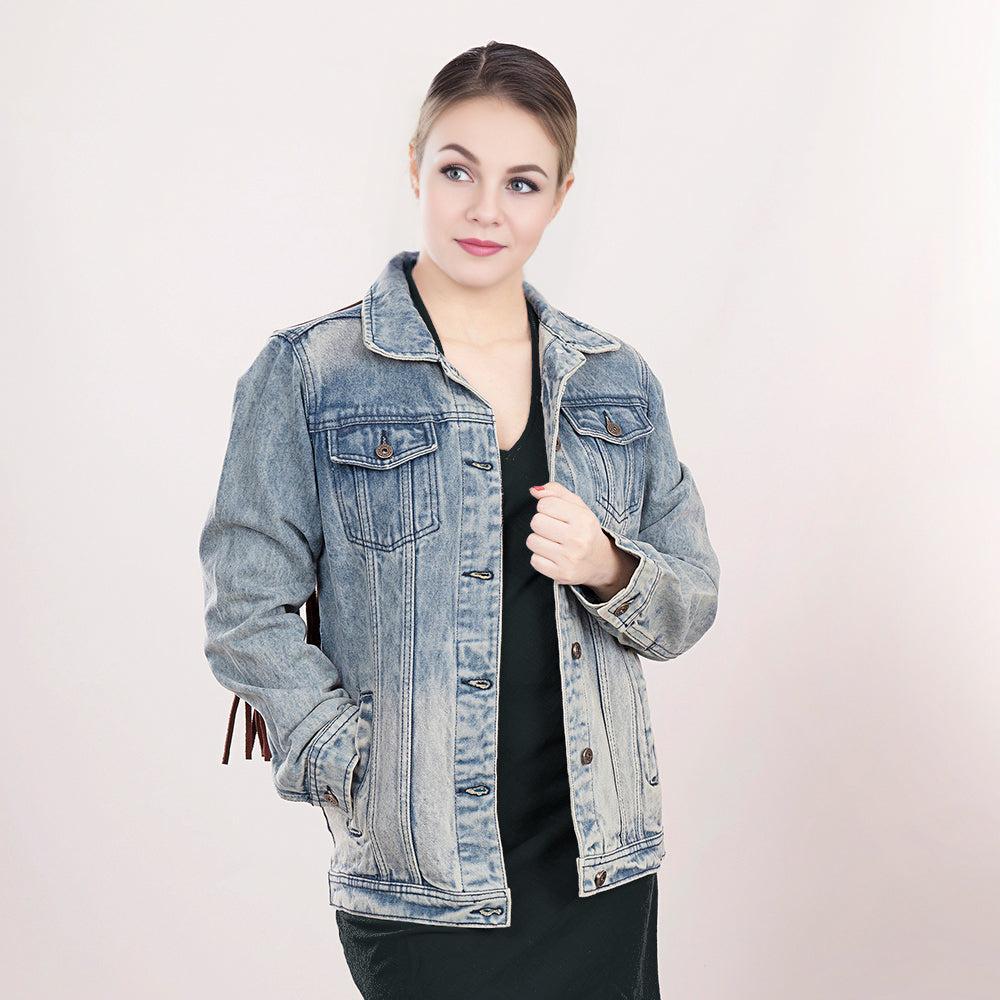 Genuine leather Hand tooled hand carved Women 100% cotton Denim jacket dress