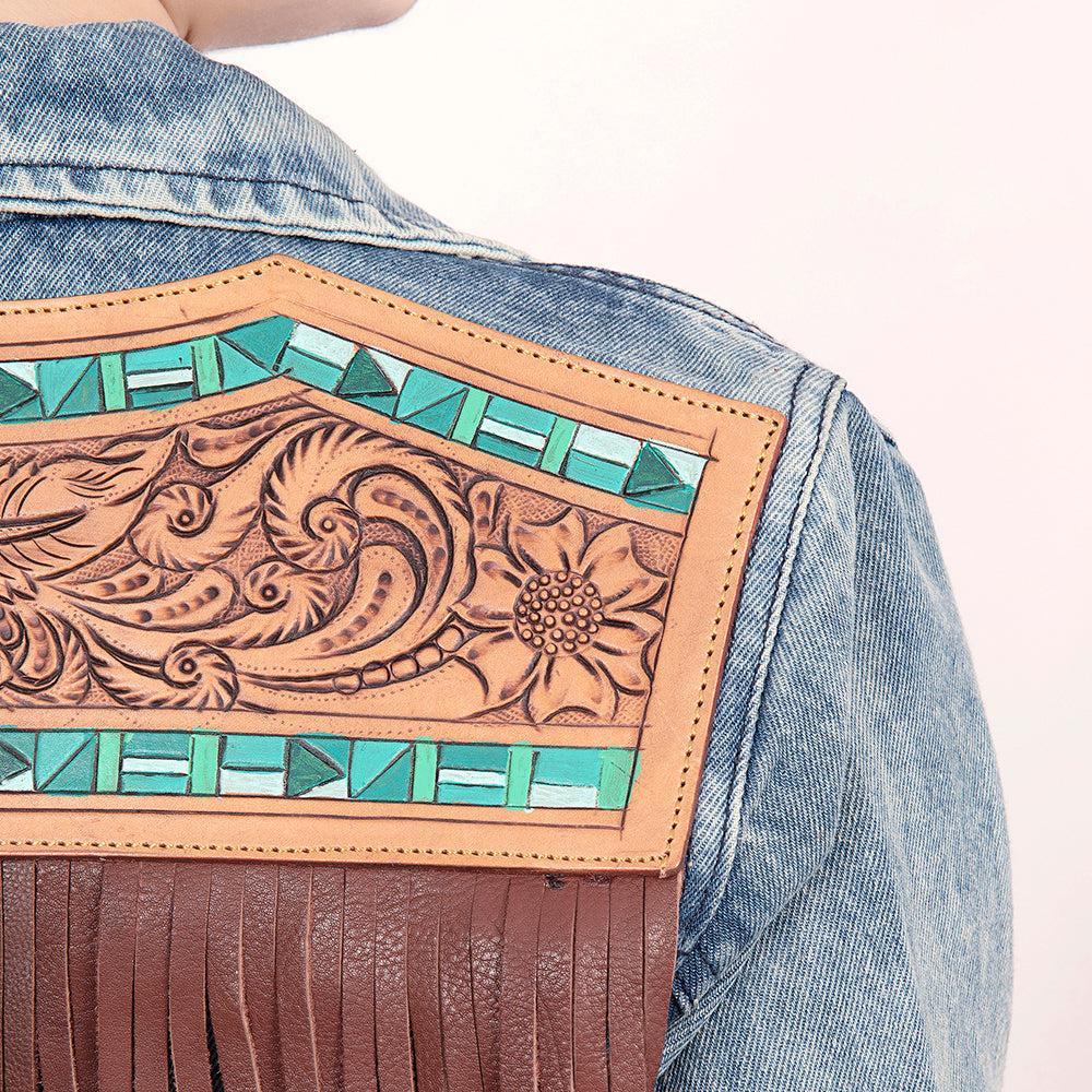 Genuine leather Hand tooled hand carved Women 100% cotton Denim jacket dress