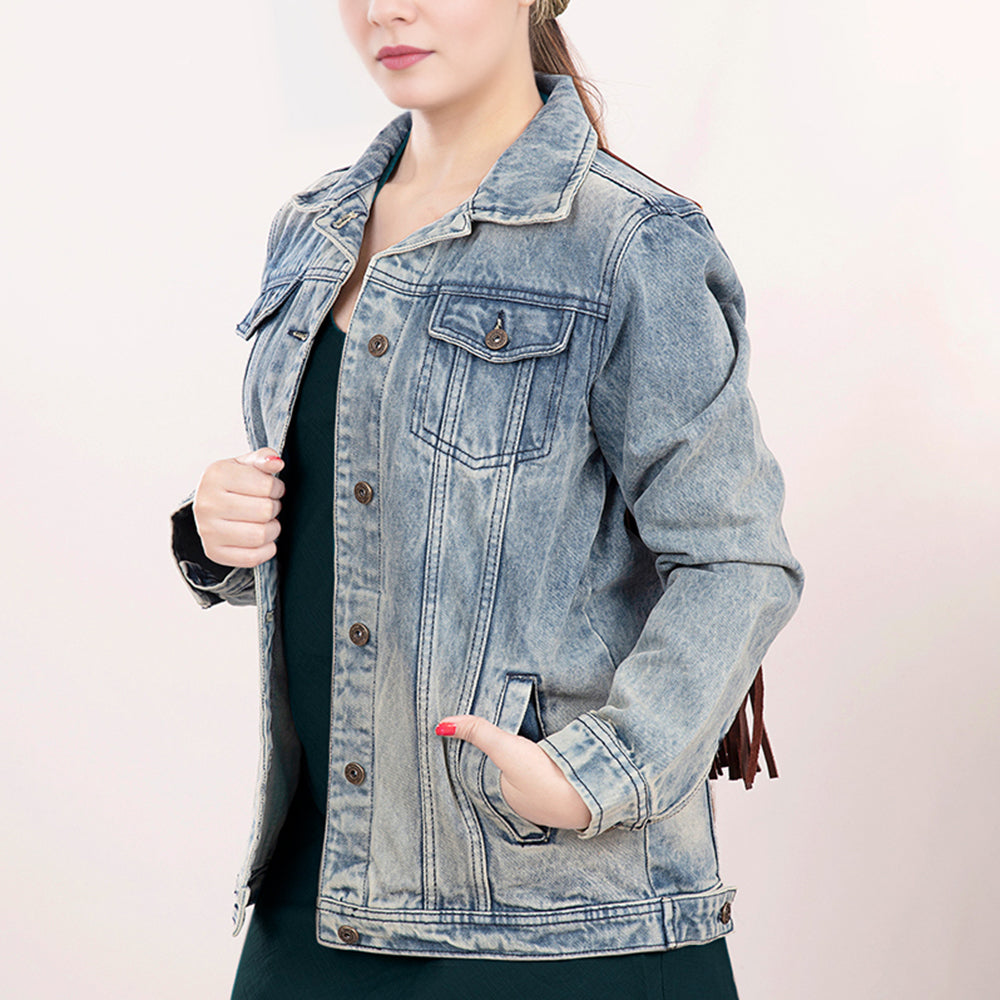 American Darling Genuine leather Hand tooled carved Women 100% cotton Denim jacket dress ladies girl | Shirt for