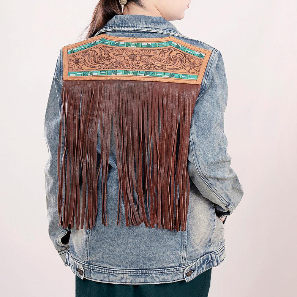 Genuine leather Hand tooled hand carved Women 100% cotton Denim jacket dress