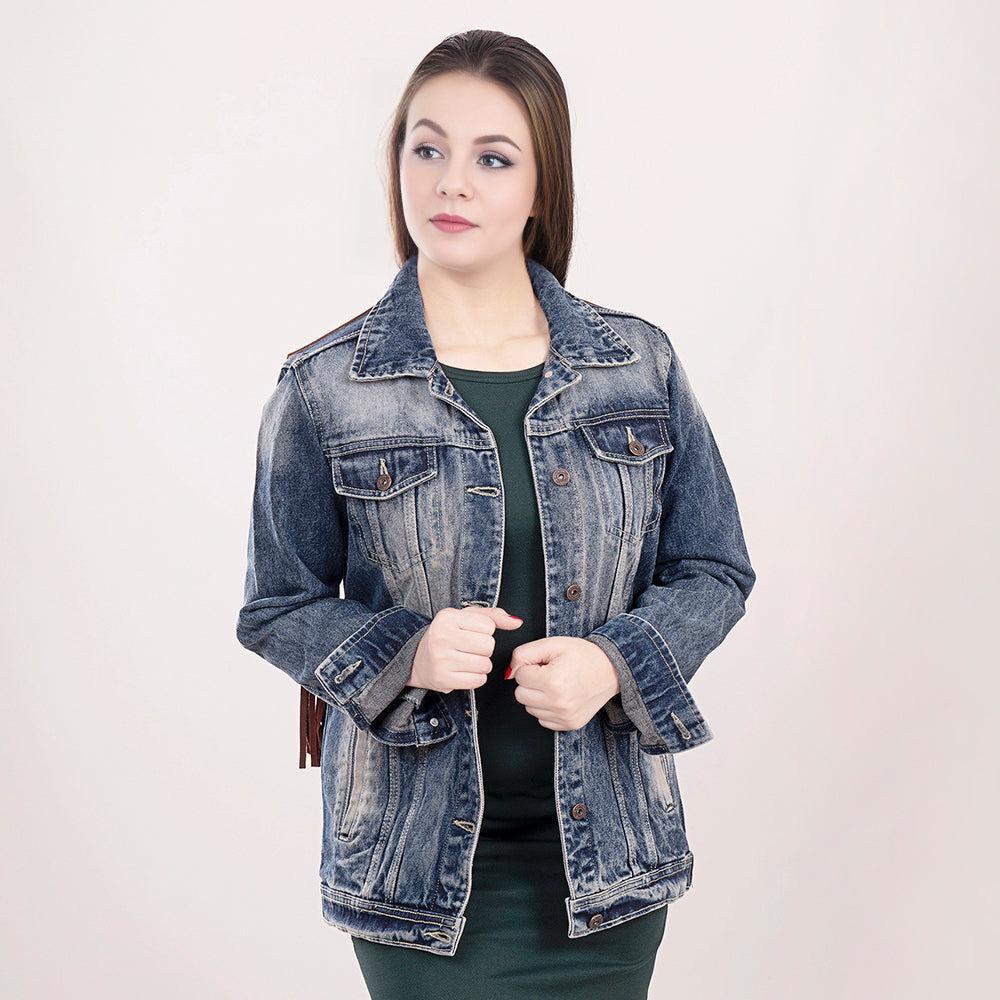 Genuine leather Hand tooled hand carved Women 100% cotton Denim jacket dress
