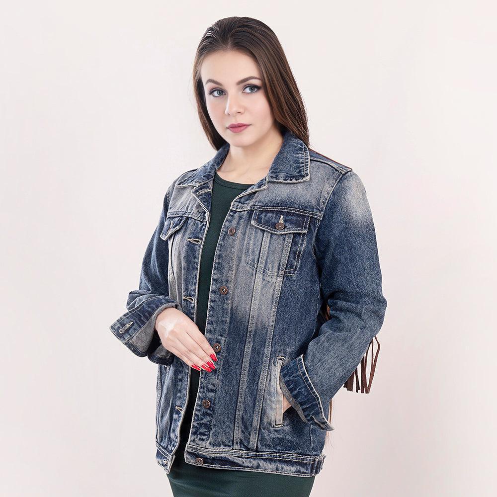 Genuine leather Hand tooled hand carved Women 100% cotton Denim jacket dress