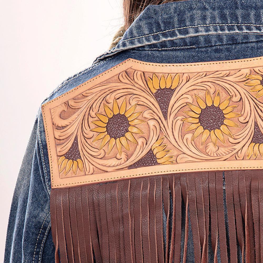 Genuine leather Hand tooled hand carved Women 100% cotton Denim jacket dress