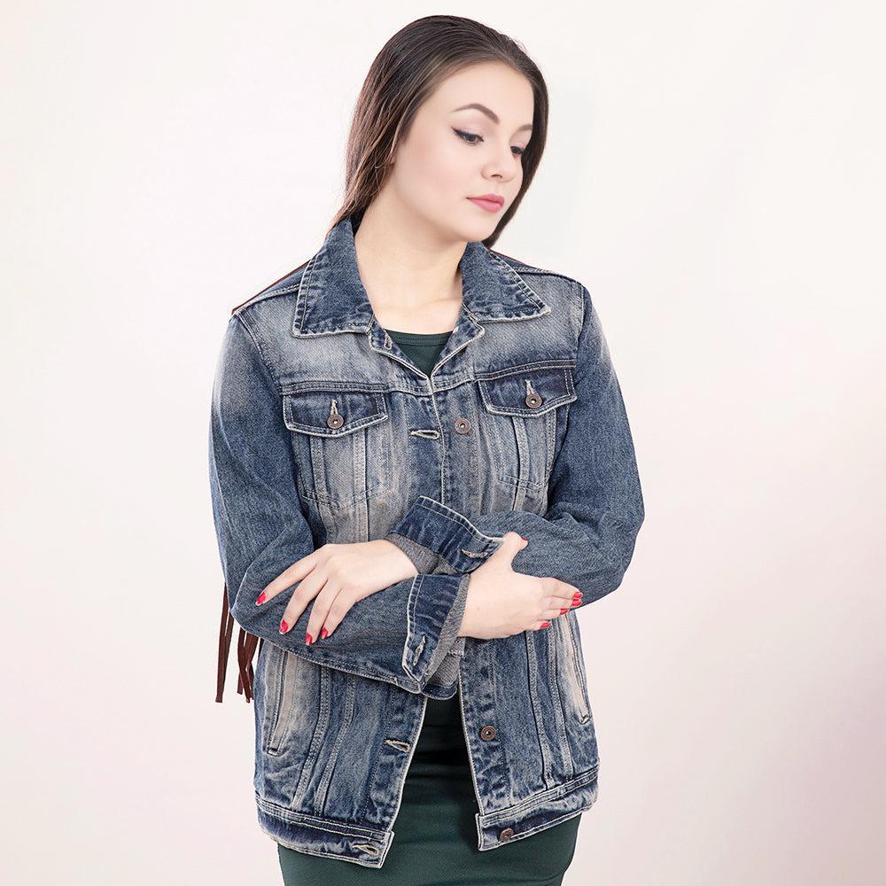 Genuine leather Hand tooled hand carved Women 100% cotton Denim jacket dress