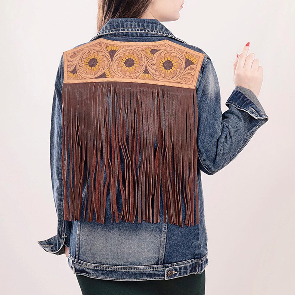 Genuine leather Hand tooled hand carved Women 100% cotton Denim jacket dress