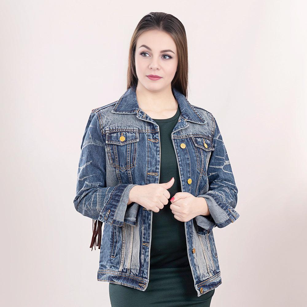 Genuine leather Hand tooled hand carved Women 100% cotton Denim jacket dress