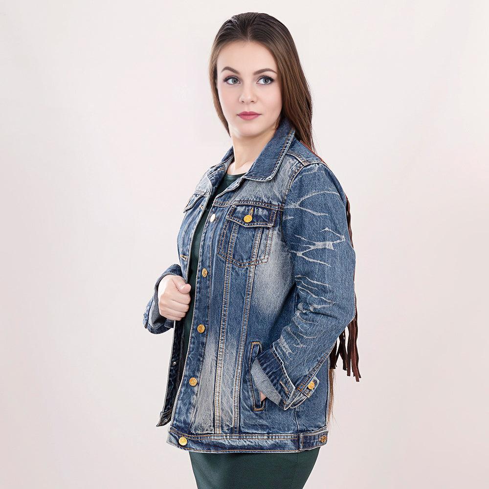 Genuine leather Hand tooled hand carved Women 100% cotton Denim jacket dress