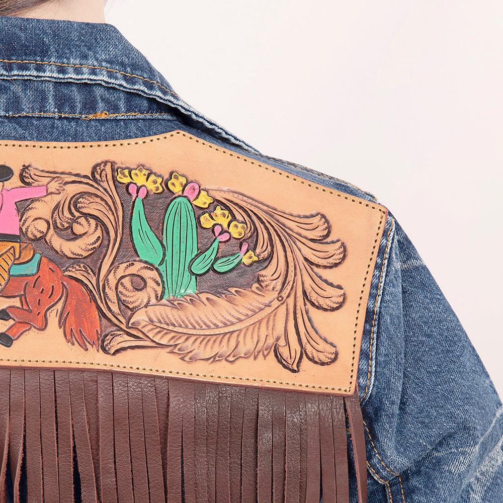 Genuine leather Hand tooled hand carved Women 100% cotton Denim jacket dress