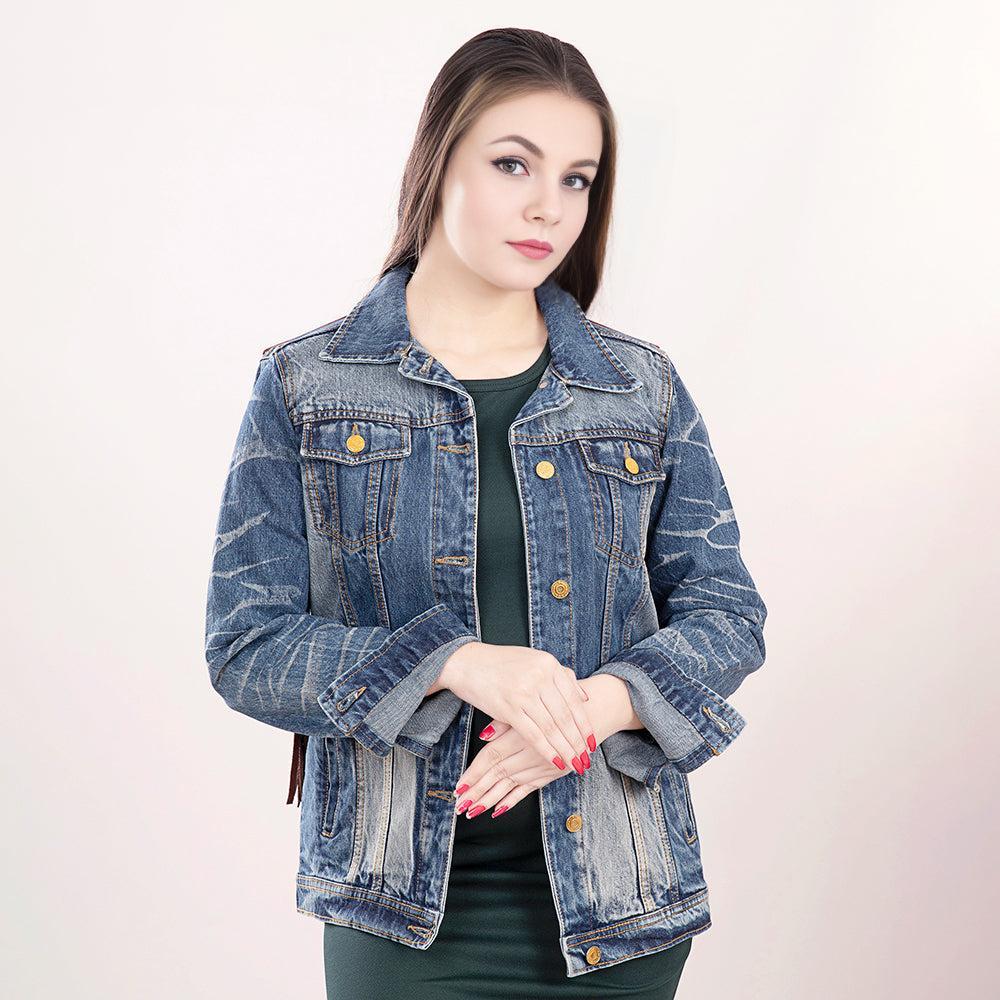 Genuine leather Hand tooled hand carved Women 100% cotton Denim jacket dress