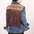 Genuine leather Hand tooled hand carved Women 100% cotton Denim jacket dress